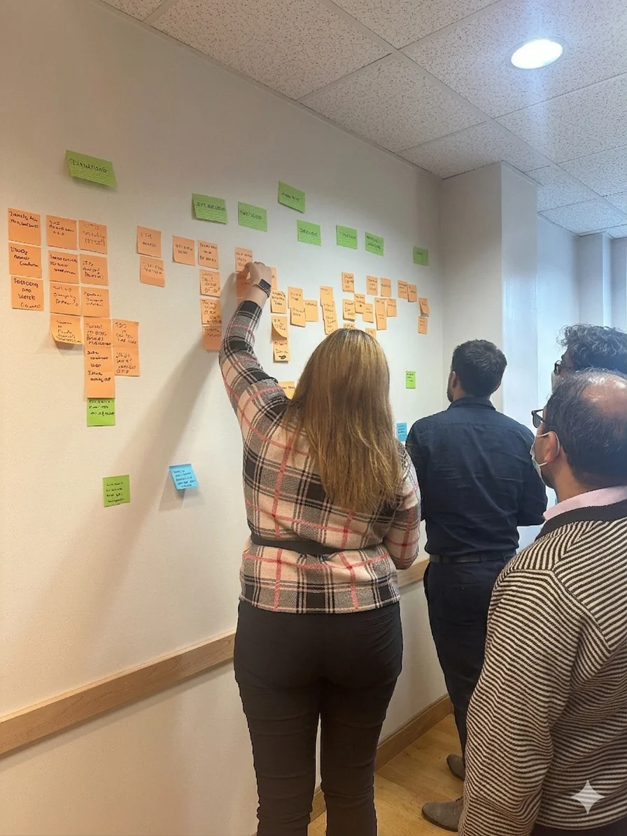 Participants adding sticky notes to a workflow map along a corridor wall